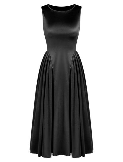 ZAFUL Satin Formal Dress for Women Sleeveless A Line Flowy Wedding Guest Dress Boat Neck Prom Cocktail Party Midi Dresses - 7DAY'S