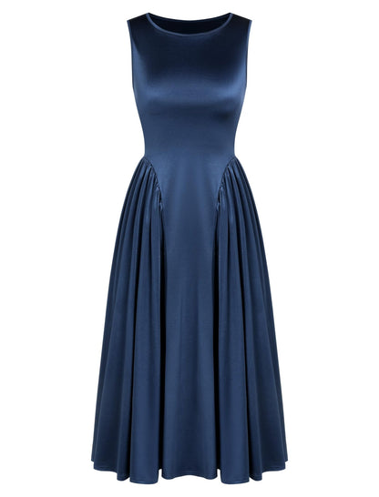 ZAFUL Satin Formal Dress for Women Sleeveless A Line Flowy Wedding Guest Dress Boat Neck Prom Cocktail Party Midi Dresses - 7DAY'S