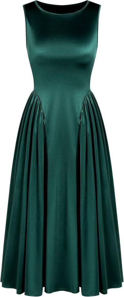 ZAFUL Satin Formal Dress for Women Sleeveless A Line Flowy Wedding Guest Dress Boat Neck Prom Cocktail Party Midi Dresses - 7DAY'S