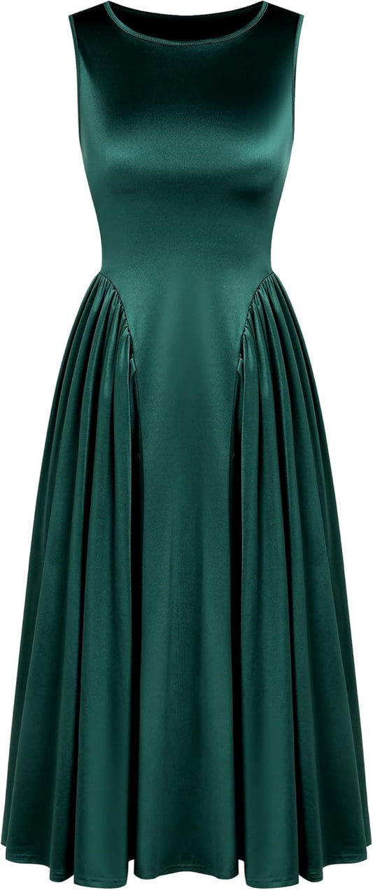 ZAFUL Satin Formal Dress for Women Sleeveless A Line Flowy Wedding Guest Dress Boat Neck Prom Cocktail Party Midi Dresses - 7DAY'S