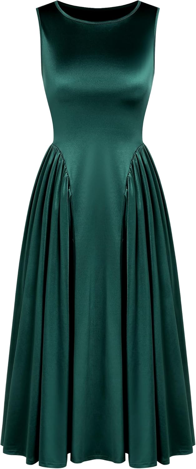 ZAFUL Satin Formal Dress for Women Sleeveless A Line Flowy Wedding Guest Dress Boat Neck Prom Cocktail Party Midi Dresses - 7DAY'S