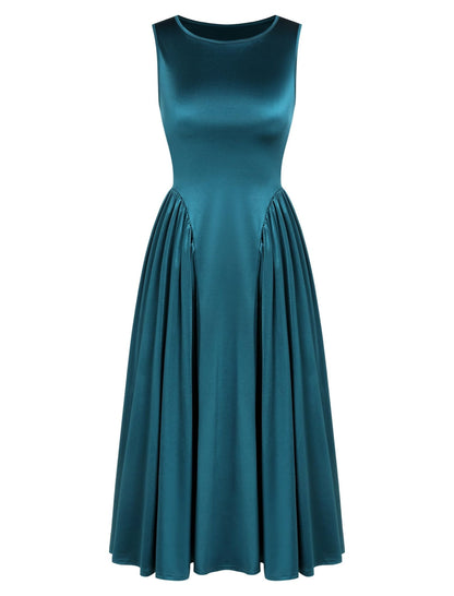 ZAFUL Satin Formal Dress for Women Sleeveless A Line Flowy Wedding Guest Dress Boat Neck Prom Cocktail Party Midi Dresses - 7DAY'S