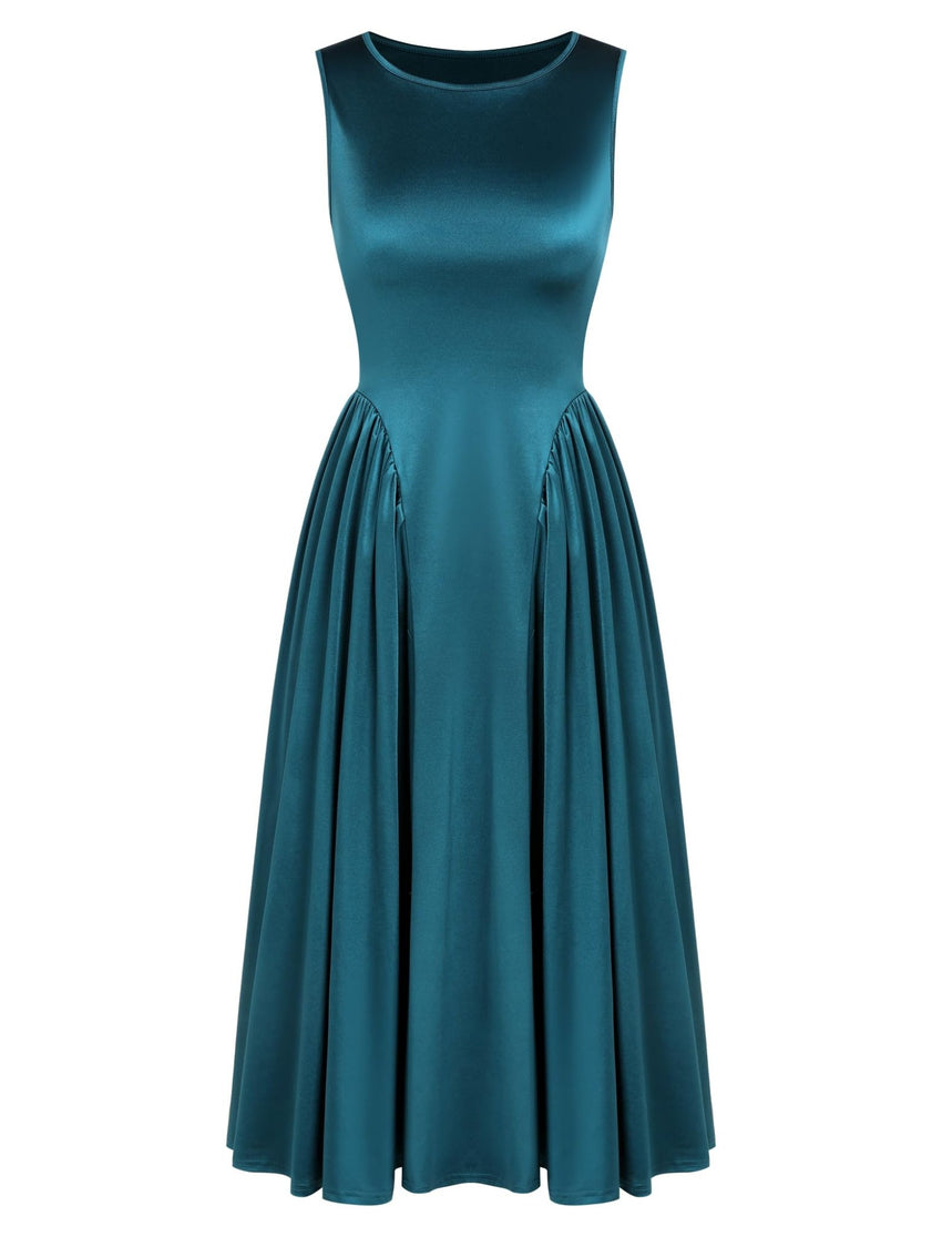 ZAFUL Satin Formal Dress for Women Sleeveless A Line Flowy Wedding Guest Dress Boat Neck Prom Cocktail Party Midi Dresses - 7DAY'S