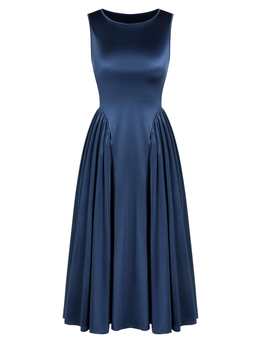 ZAFUL Satin Formal Dress for Women Sleeveless A Line Flowy Wedding Guest Dress Boat Neck Prom Cocktail Party Midi Dresses - 7DAY'S