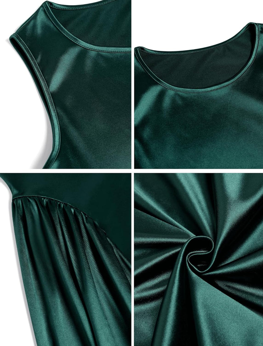 ZAFUL Satin Formal Dress for Women Sleeveless A Line Flowy Wedding Guest Dress Boat Neck Prom Cocktail Party Midi Dresses - 7DAY'S