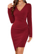 ZAFUL Women 2025 Sexy V Neck Long Sleeve Faux Wrap Dress Sheath Ruched Bodycon Party Work Cocktail Midi Dresses - 7DAY'S