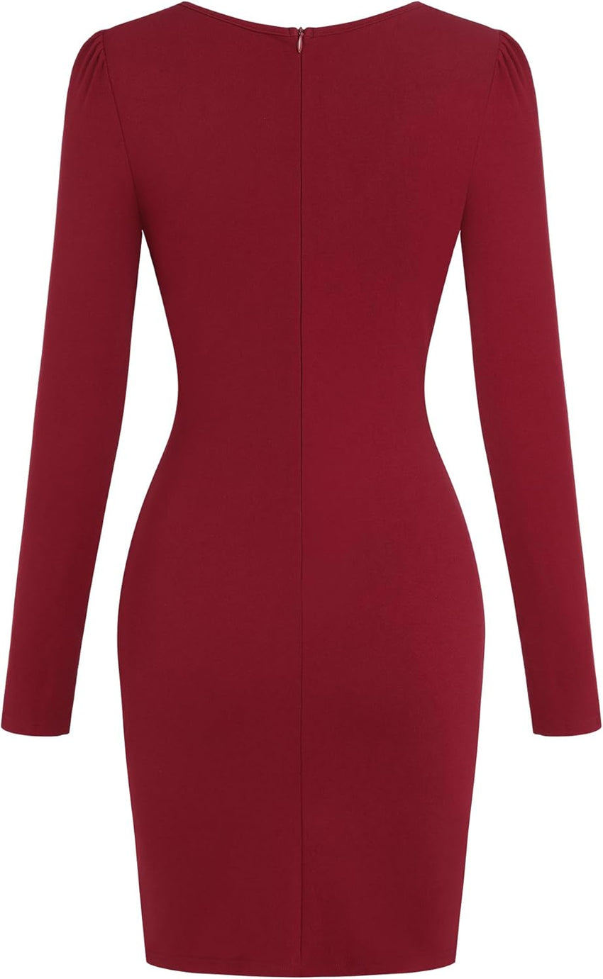 ZAFUL Women 2025 Sexy V Neck Long Sleeve Faux Wrap Dress Sheath Ruched Bodycon Party Work Cocktail Midi Dresses - 7DAY'S