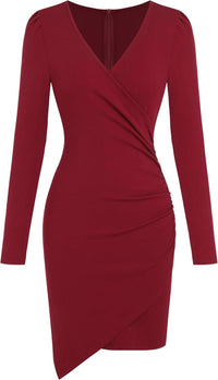 ZAFUL Women 2025 Sexy V Neck Long Sleeve Faux Wrap Dress Sheath Ruched Bodycon Party Work Cocktail Midi Dresses - 7DAY'S