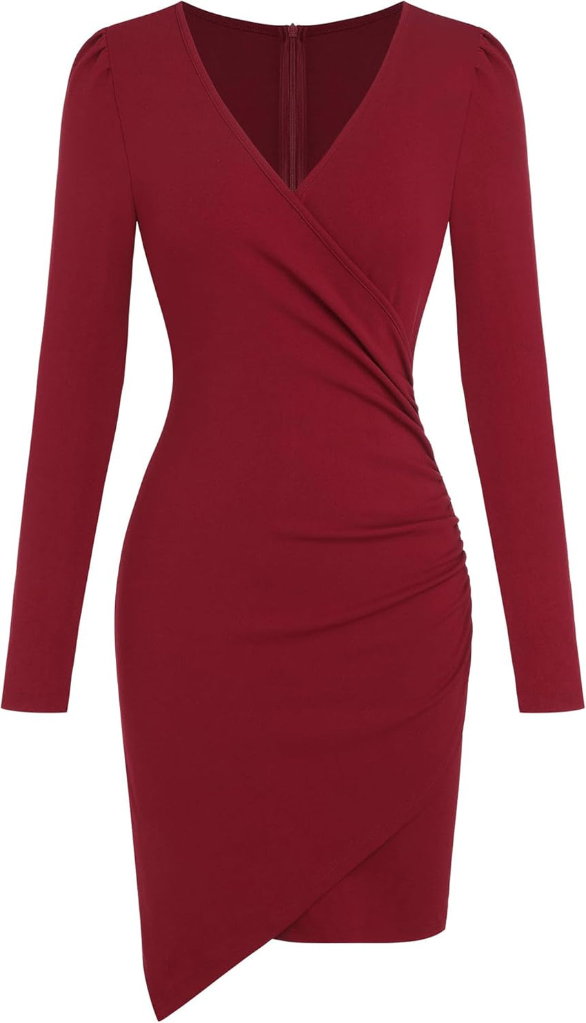 ZAFUL Women 2025 Sexy V Neck Long Sleeve Faux Wrap Dress Sheath Ruched Bodycon Party Work Cocktail Midi Dresses - 7DAY'S