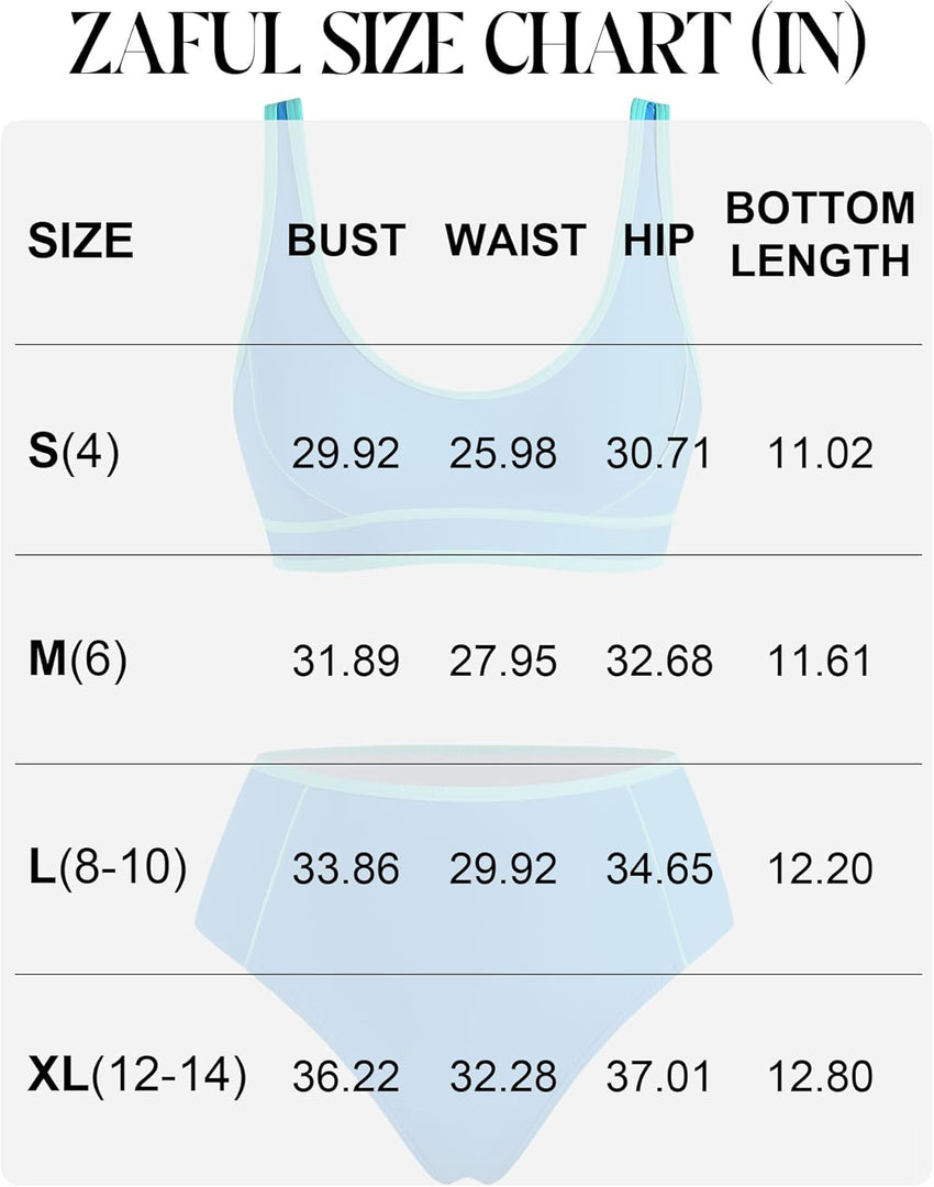 ZAFUL Women High Waisted Bikini Sets Color Block Sporty 2 Piece Bathing Suit Adjustable Straps Tummy Control Swimwear - 7DAY'S