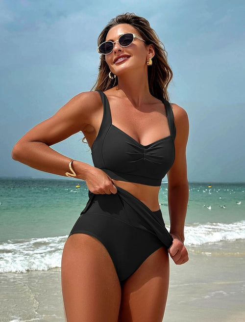 ZAFUL Women Swim Skirt High Waisted Bikini Sets Two Piece Tummy Control Swim Suit 2025 Slimming Bathing Suit Curvy Swimwear Black L - 7DAY'S