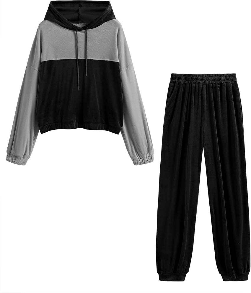 ZAFUL Womens 2 Piece Sweatsuit Outfits Velour Color Block Hoodies and Drawstring Pants Tracksuit Lounge Set with Pockets - 7DAY'S
