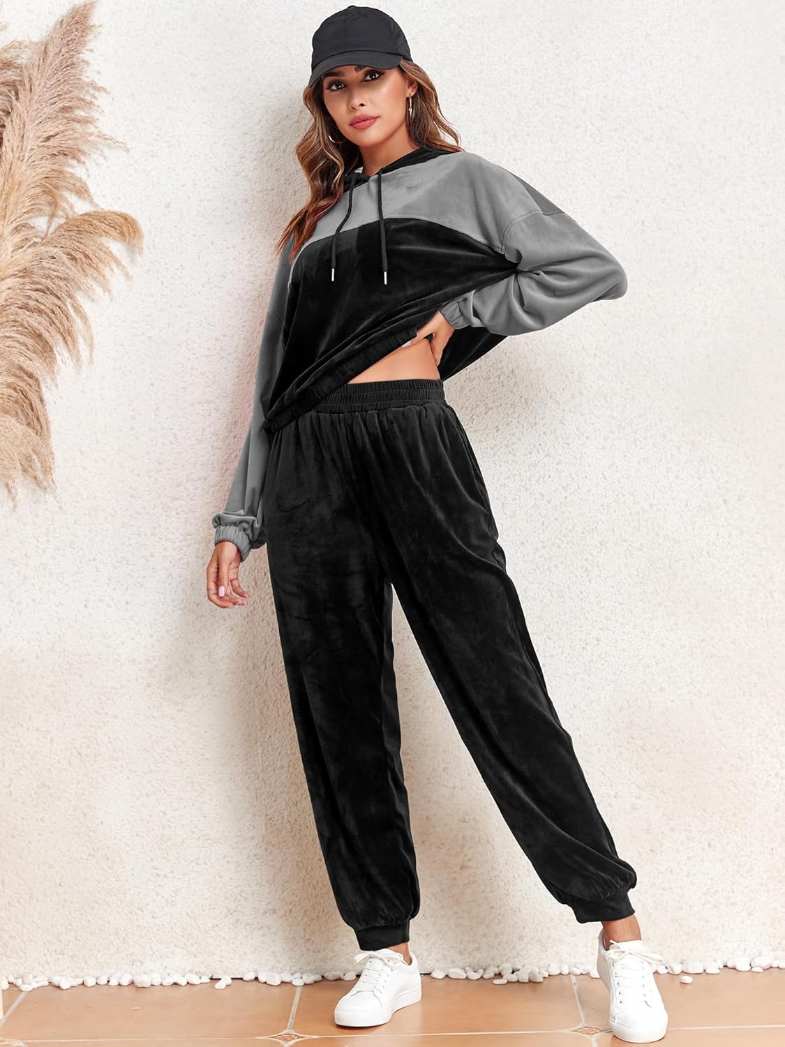 ZAFUL Womens 2 Piece Sweatsuit Outfits Velour Color Block Hoodies and Drawstring Pants Tracksuit Lounge Set with Pockets - 7DAY'S