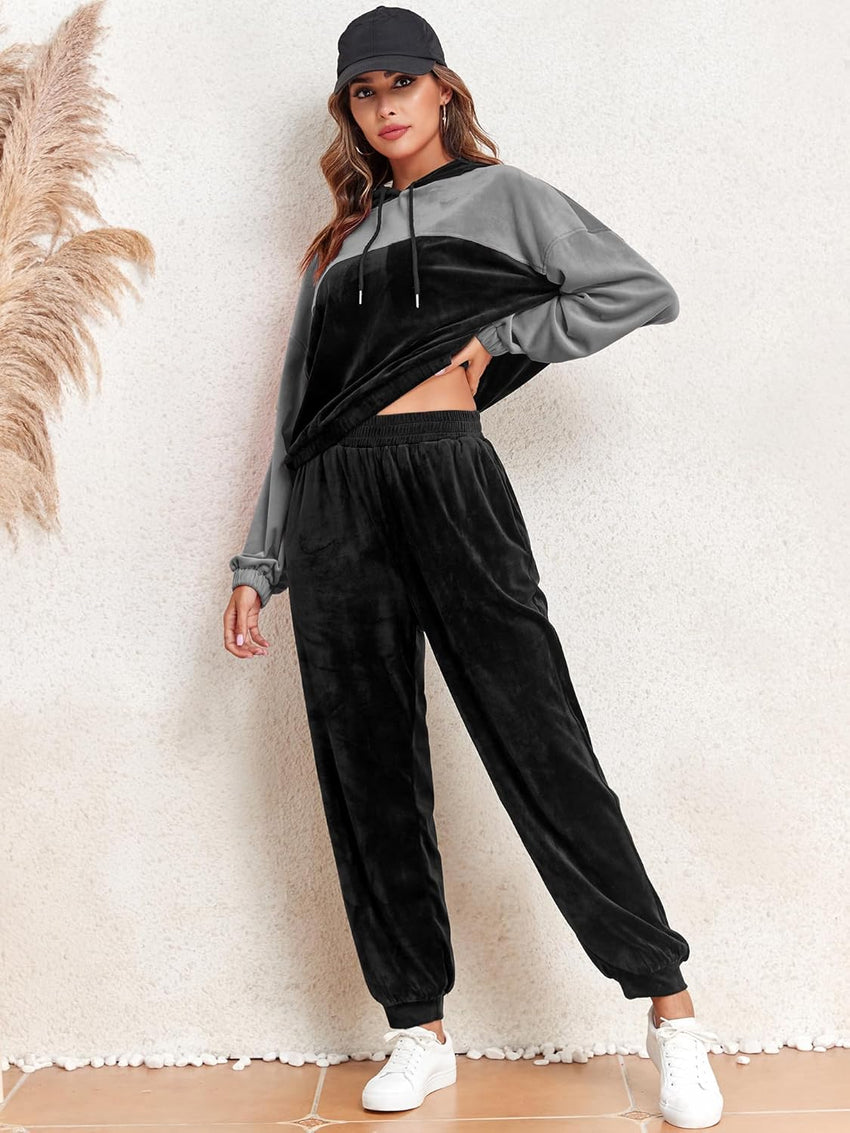 ZAFUL Womens 2 Piece Sweatsuit Outfits Velour Color Block Hoodies and Drawstring Pants Tracksuit Lounge Set with Pockets - 7DAY'S