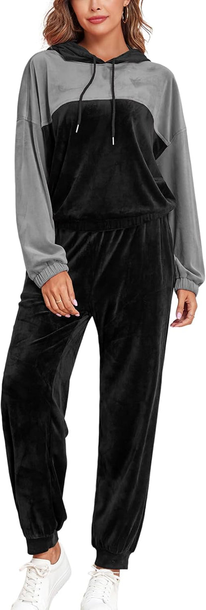 ZAFUL Womens 2 Piece Sweatsuit Outfits Velour Color Block Hoodies and Drawstring Pants Tracksuit Lounge Set with Pockets - 7DAY'S