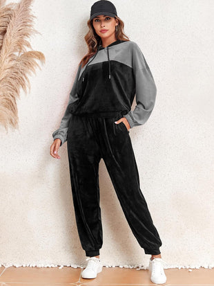 ZAFUL Womens 2 Piece Sweatsuit Outfits Velour Color Block Hoodies and Drawstring Pants Tracksuit Lounge Set with Pockets - 7DAY'S