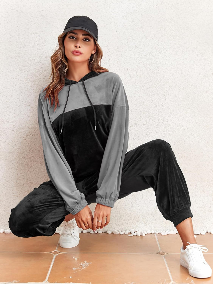 ZAFUL Womens 2 Piece Sweatsuit Outfits Velour Color Block Hoodies and Drawstring Pants Tracksuit Lounge Set with Pockets - 7DAY'S