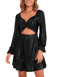 ZAFUL Women's 2023 Long Sleeve V Neck Mini Dress Smoked Back Glitter Christmas Cocktail Party Evening Dress with Ruffles Hem - 7DAY'S