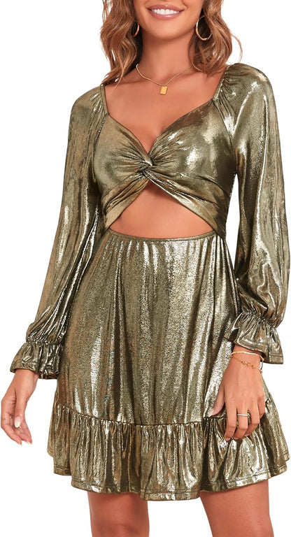 ZAFUL Women's 2023 Long Sleeve V Neck Mini Dress Smoked Back Glitter Christmas Cocktail Party Evening Dress with Ruffles Hem - 7DAY'S