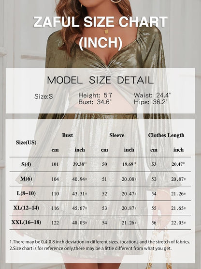 ZAFUL Women's 2023 Long Sleeve V Neck Mini Dress Smoked Back Glitter Christmas Cocktail Party Evening Dress with Ruffles Hem - 7DAY'S
