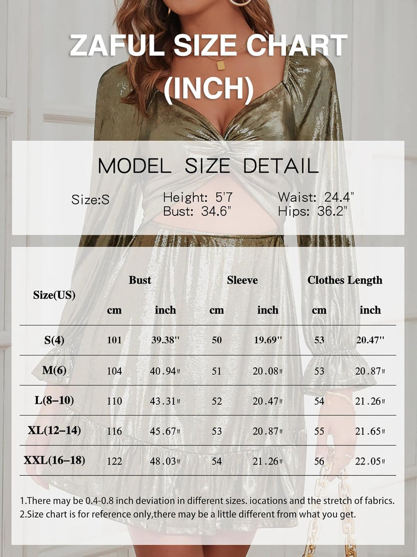 ZAFUL Women's 2023 Long Sleeve V Neck Mini Dress Smoked Back Glitter Christmas Cocktail Party Evening Dress with Ruffles Hem - 7DAY'S