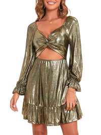ZAFUL Women's 2023 Long Sleeve V Neck Mini Dress Smoked Back Glitter Christmas Cocktail Party Evening Dress with Ruffles Hem - 7DAY'S