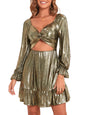 ZAFUL Women's 2023 Long Sleeve V Neck Mini Dress Smoked Back Glitter Christmas Cocktail Party Evening Dress with Ruffles Hem - 7DAY'S