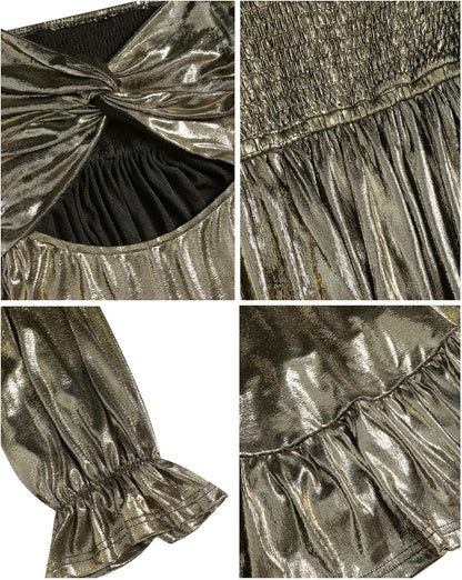 ZAFUL Women's 2023 Long Sleeve V Neck Mini Dress Smoked Back Glitter Christmas Cocktail Party Evening Dress with Ruffles Hem - 7DAY'S