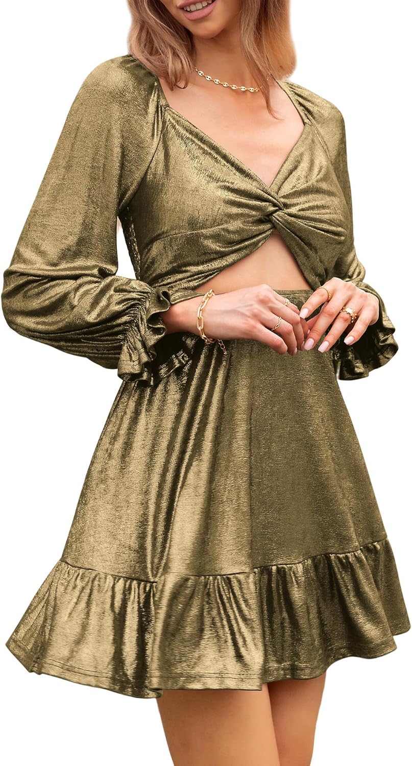 ZAFUL Women's 2023 Long Sleeve V Neck Mini Dress Smoked Back Glitter Christmas Cocktail Party Evening Dress with Ruffles Hem - 7DAY'S