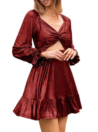 ZAFUL Women's 2023 Long Sleeve V Neck Mini Dress Smoked Back Glitter Christmas Cocktail Party Evening Dress with Ruffles Hem - 7DAY'S
