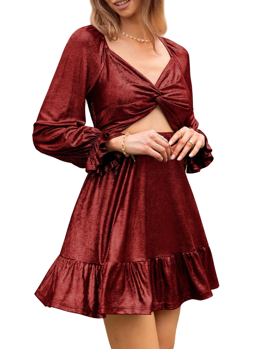 ZAFUL Women's 2023 Long Sleeve V Neck Mini Dress Smoked Back Glitter Christmas Cocktail Party Evening Dress with Ruffles Hem - 7DAY'S