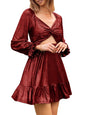 ZAFUL Women's 2023 Long Sleeve V Neck Mini Dress Smoked Back Glitter Christmas Cocktail Party Evening Dress with Ruffles Hem - 7DAY'S