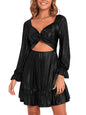 ZAFUL Women's 2023 Long Sleeve V Neck Mini Dress Smoked Back Glitter Christmas Cocktail Party Evening Dress with Ruffles Hem - 7DAY'S