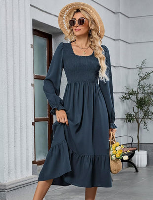 ZAFUL Womens 2025 Fall Square Neck Smocked Dresses Long Puff Sleeve Casual Flowy A Line Tiered Midi Dress - 7DAY'S
