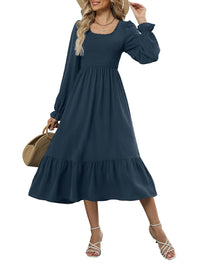 ZAFUL Womens 2025 Fall Square Neck Smocked Dresses Long Puff Sleeve Casual Flowy A Line Tiered Midi Dress - 7DAY'S
