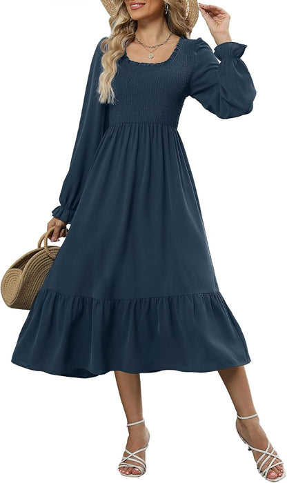 ZAFUL Womens 2025 Fall Square Neck Smocked Dresses Long Puff Sleeve Casual Flowy A Line Tiered Midi Dress - 7DAY'S
