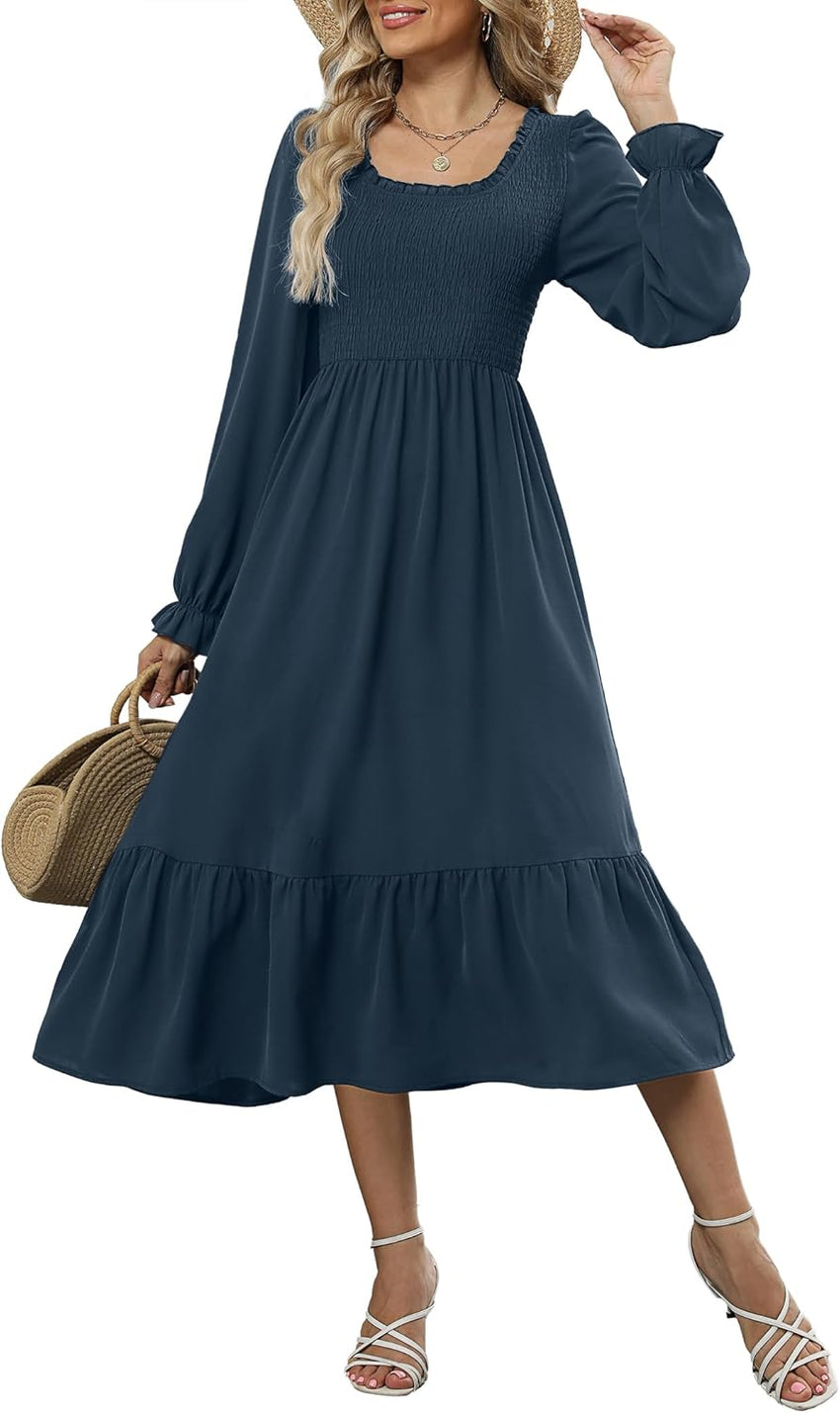 ZAFUL Womens 2025 Fall Square Neck Smocked Dresses Long Puff Sleeve Casual Flowy A Line Tiered Midi Dress - 7DAY'S
