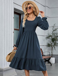 ZAFUL Womens 2025 Fall Square Neck Smocked Dresses Long Puff Sleeve Casual Flowy A Line Tiered Midi Dress - 7DAY'S