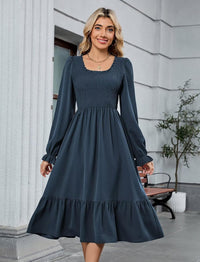 ZAFUL Womens 2025 Fall Square Neck Smocked Dresses Long Puff Sleeve Casual Flowy A Line Tiered Midi Dress - 7DAY'S