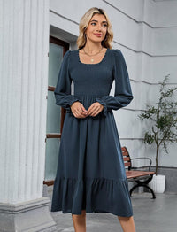 ZAFUL Womens 2025 Fall Square Neck Smocked Dresses Long Puff Sleeve Casual Flowy A Line Tiered Midi Dress - 7DAY'S