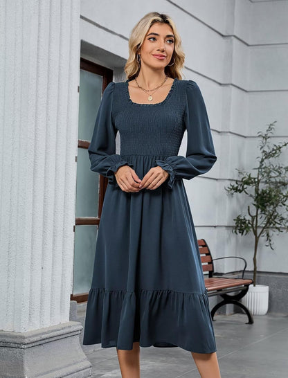 ZAFUL Womens 2025 Fall Square Neck Smocked Dresses Long Puff Sleeve Casual Flowy A Line Tiered Midi Dress - 7DAY'S
