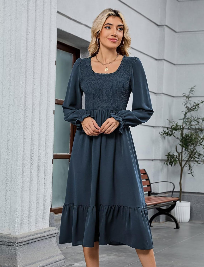ZAFUL Womens 2025 Fall Square Neck Smocked Dresses Long Puff Sleeve Casual Flowy A Line Tiered Midi Dress - 7DAY'S