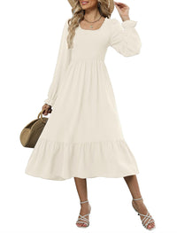 ZAFUL Womens 2025 Fall Square Neck Smocked Dresses Long Puff Sleeve Casual Flowy A Line Tiered Midi Dress - 7DAY'S