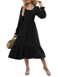 ZAFUL Womens 2025 Fall Square Neck Smocked Dresses Long Puff Sleeve Casual Flowy A Line Tiered Midi Dress - 7DAY'S