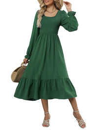 ZAFUL Womens 2025 Fall Square Neck Smocked Dresses Long Puff Sleeve Casual Flowy A Line Tiered Midi Dress - 7DAY'S