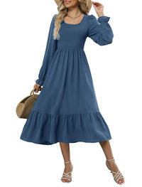 ZAFUL Womens 2025 Fall Square Neck Smocked Dresses Long Puff Sleeve Casual Flowy A Line Tiered Midi Dress - 7DAY'S