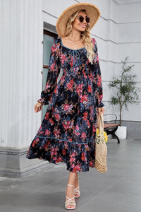 ZAFUL Women's 2025 Long Sleeve Square Neck Fall Boho Floral Midi Dress High Waist Flowy A Line Tiered Wedding Guest Dresses - 7DAY'S