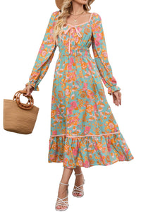 ZAFUL Women's 2025 Long Sleeve Square Neck Fall Boho Floral Midi Dress High Waist Flowy A Line Tiered Wedding Guest Dresses - 7DAY'S