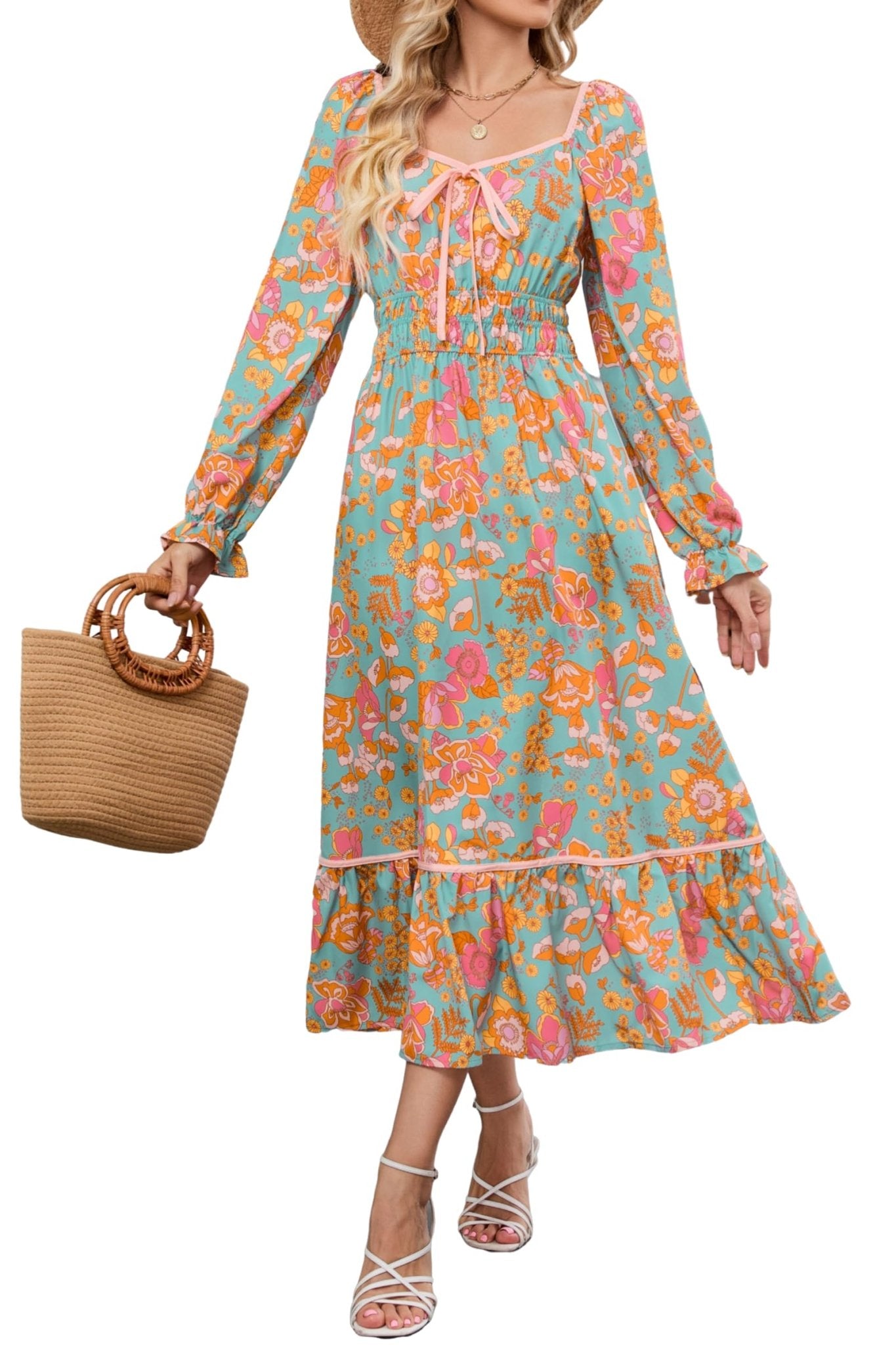 ZAFUL Women's 2025 Long Sleeve Square Neck Fall Boho Floral Midi Dress High Waist Flowy A Line Tiered Wedding Guest Dresses - 7DAY'S