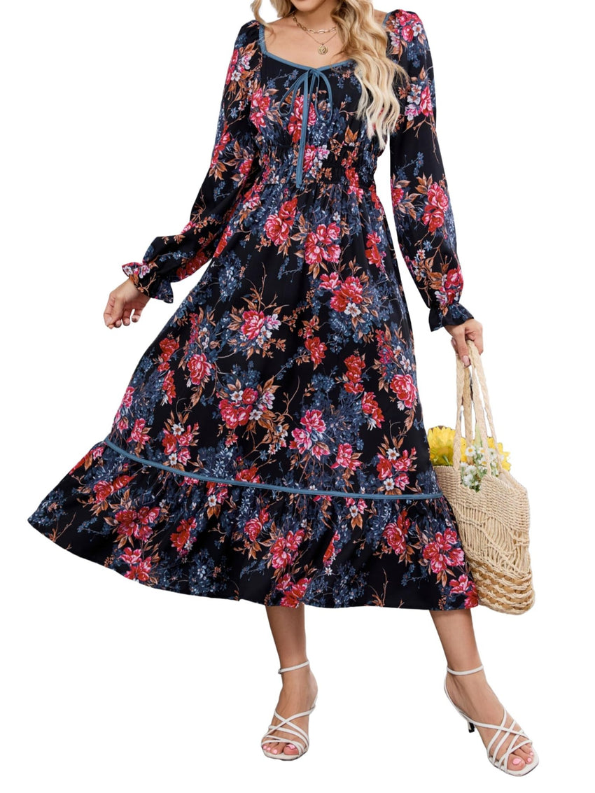 ZAFUL Women's 2025 Long Sleeve Square Neck Fall Boho Floral Midi Dress High Waist Flowy A Line Tiered Wedding Guest Dresses - 7DAY'S